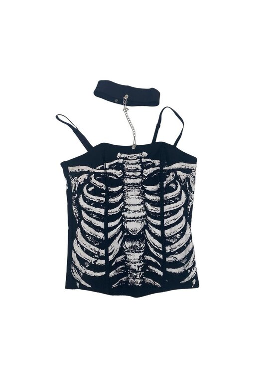 Lip Service Tops - lip service Size M Black Corset Skeleton Grunge With Choker Necklace Y2K Goth